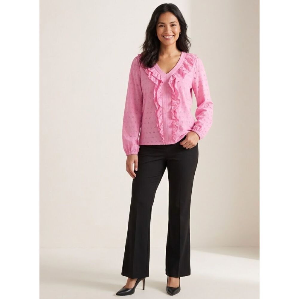 Charter Club Ruffled Eyelet Knit Long Sleeve Top Pink Women's Size XL
